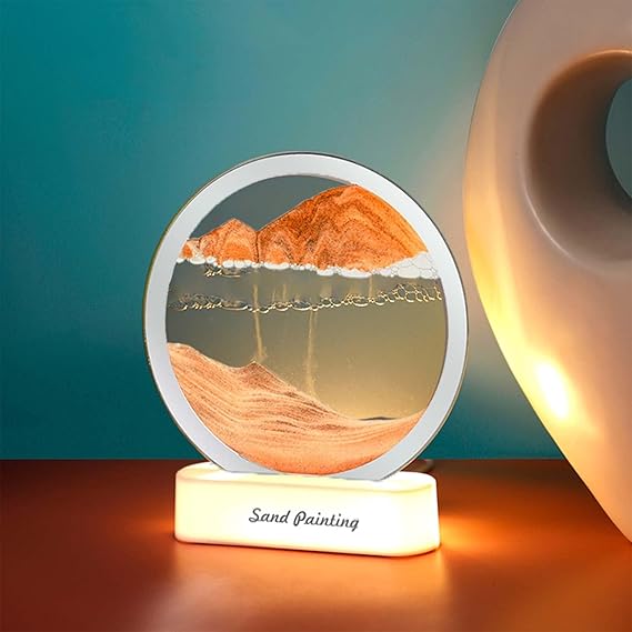 CLEMATIS Moving Sand Art Picture Glass Liquid Painting 3D Natural Landscape showpieces for Home Decor Antique Gifts for Kids Office Desktop Decoration (Lighting Sandscape Orange)