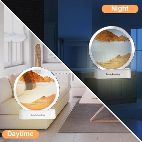 CLEMATIS Moving Sand Art Picture Glass Liquid Painting 3D Natural Landscape showpieces for Home Decor Antique Gifts for Kids Office Desktop Decoration (Lighting Sandscape Orange)
