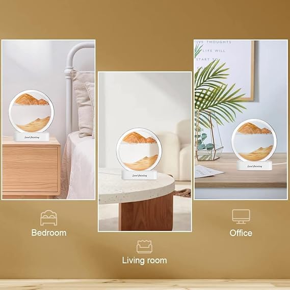CLEMATIS Moving Sand Art Picture Glass Liquid Painting 3D Natural Landscape showpieces for Home Decor Antique Gifts for Kids Office Desktop Decoration (Lighting Sandscape Orange)