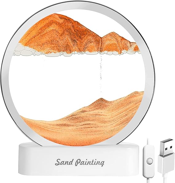 CLEMATIS Moving Sand Art Picture Glass Liquid Painting 3D Natural Landscape showpieces for Home Decor Antique Gifts for Kids Office Desktop Decoration (Lighting Sandscape Orange)