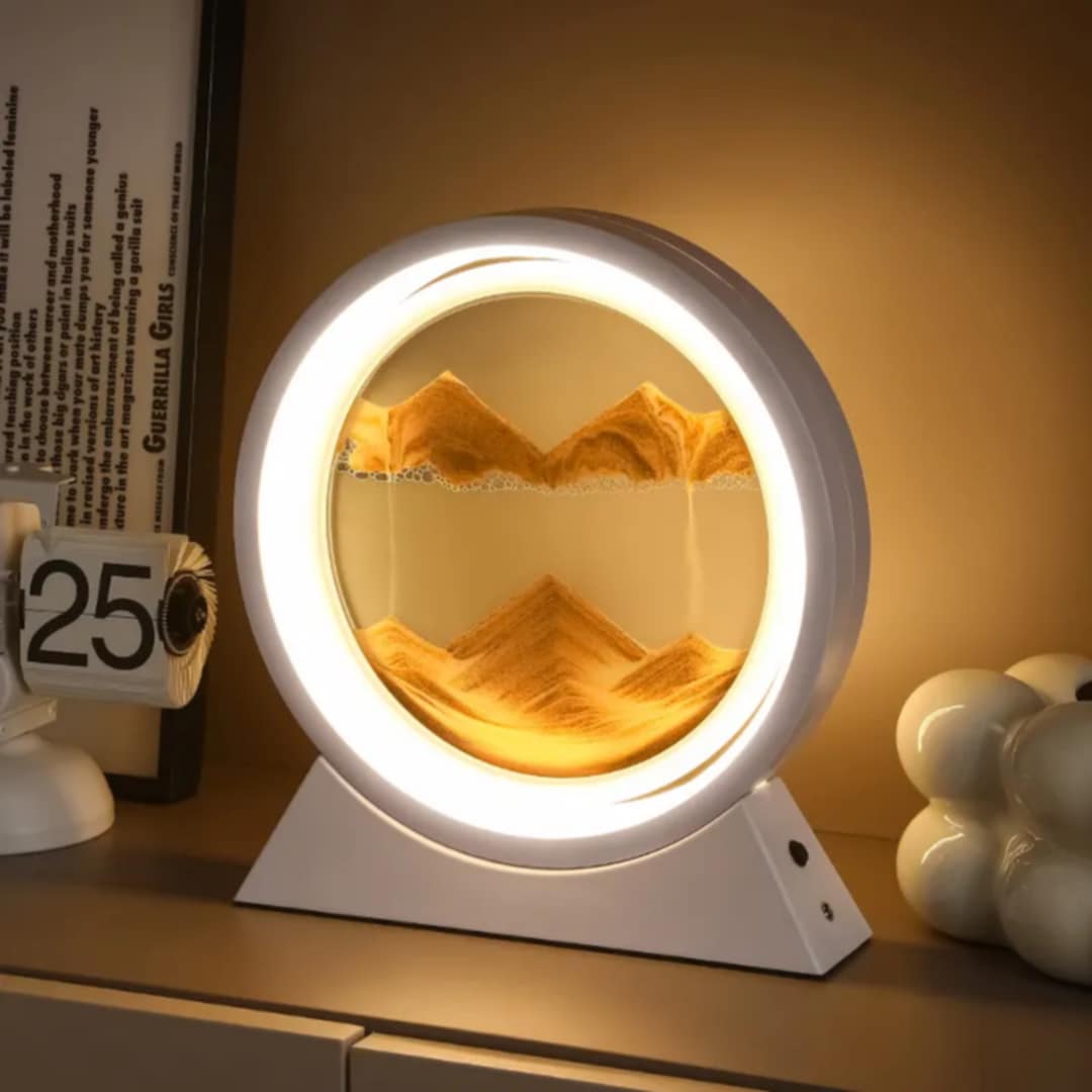 CLEMATIS Moving Sand Art Picture Glass Liquid Painting 3D Natural Landscape showpieces for Home Decor Antique Gifts for Kids Office Desktop Decoration (Lighting Sandscape Orange)